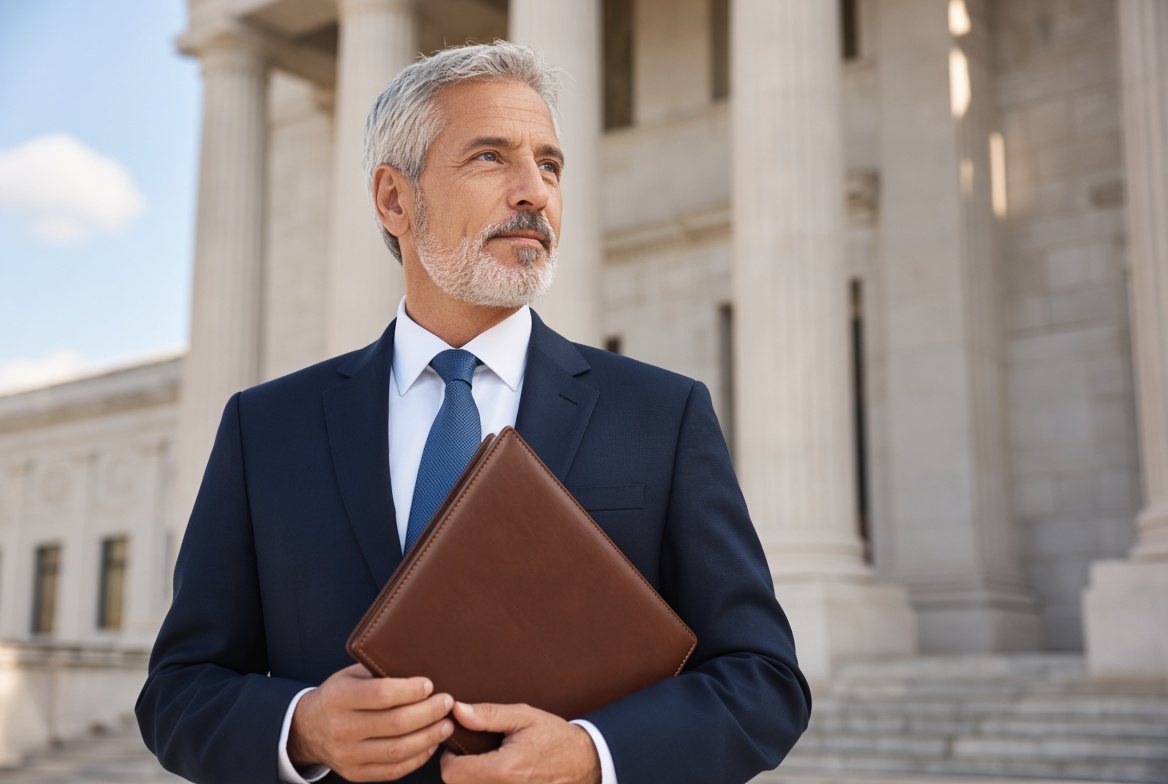 An attorney in a navy suit holding a leather folder in front of a stone building with columns