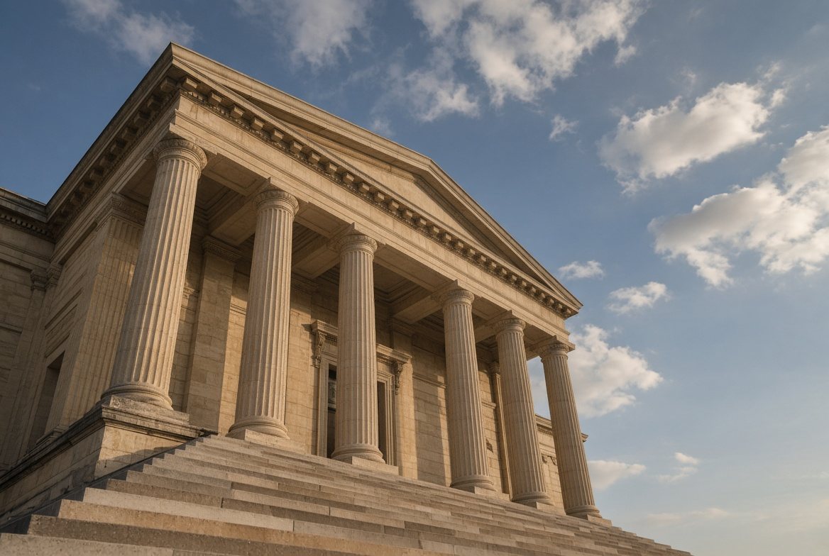 Stone columns of a public building against a blue sky